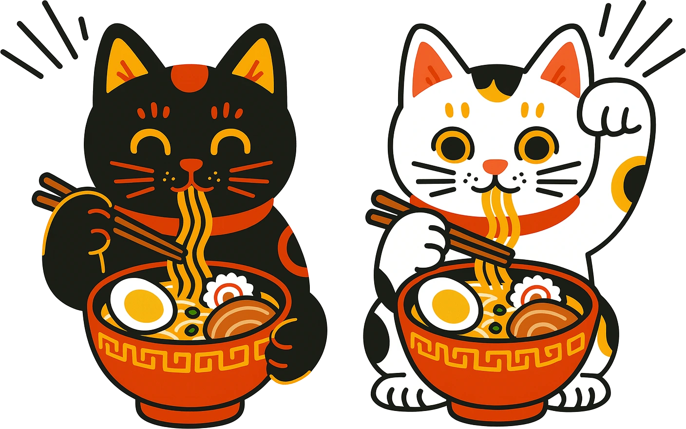 ラーメンをすする2匹の福猫のイラスト